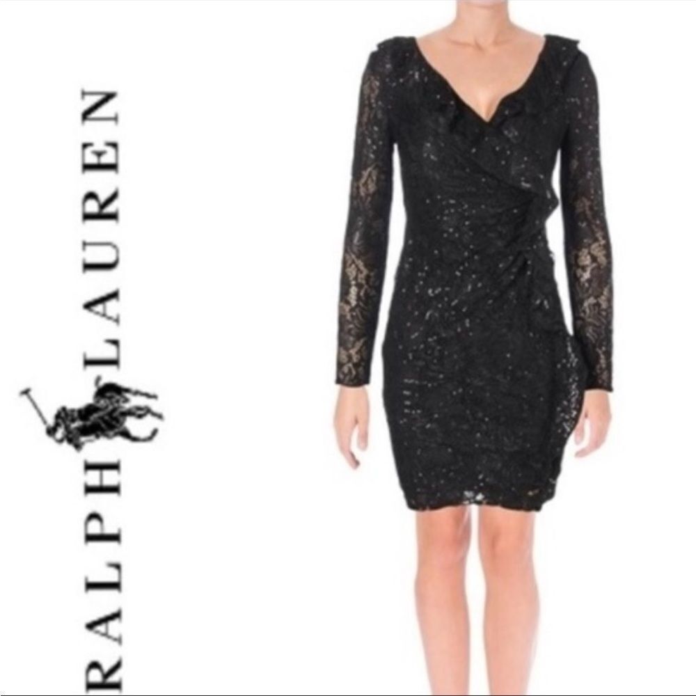 Women’s Lauren Ralph Lauren Black cocktail sparkle ruffle dress lace size 6